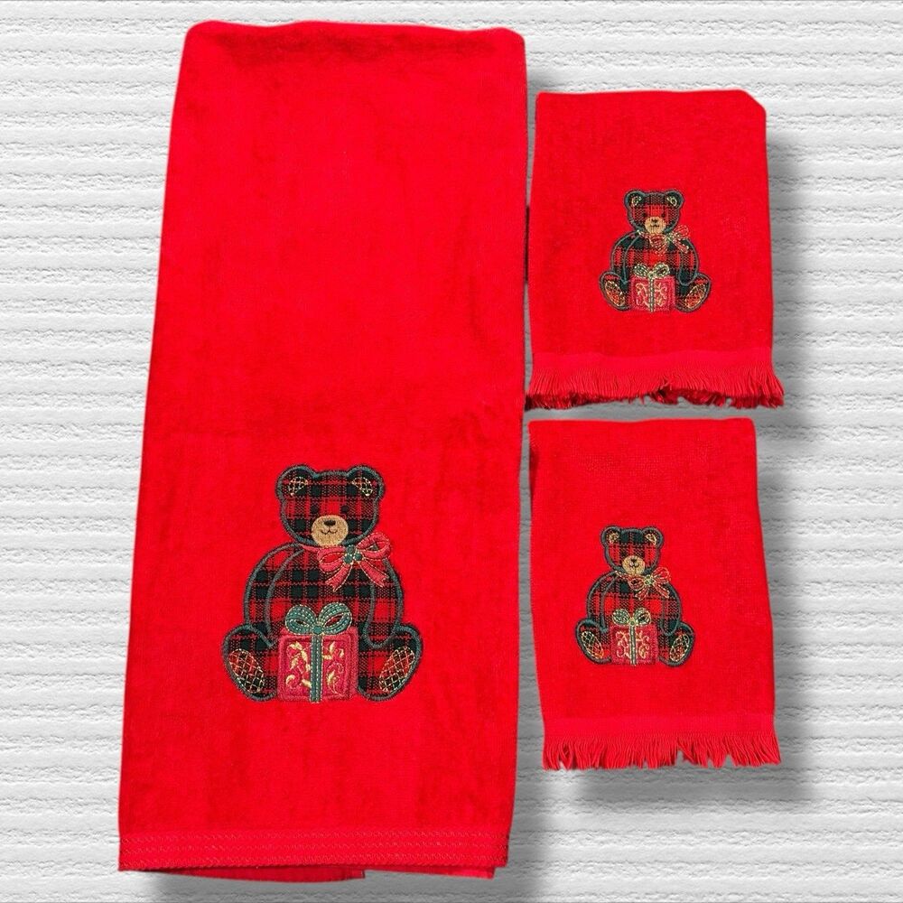 Vintage Plaid Teddy Bear Christmas Towel Set Embroidered Red Bath & Hand Towels